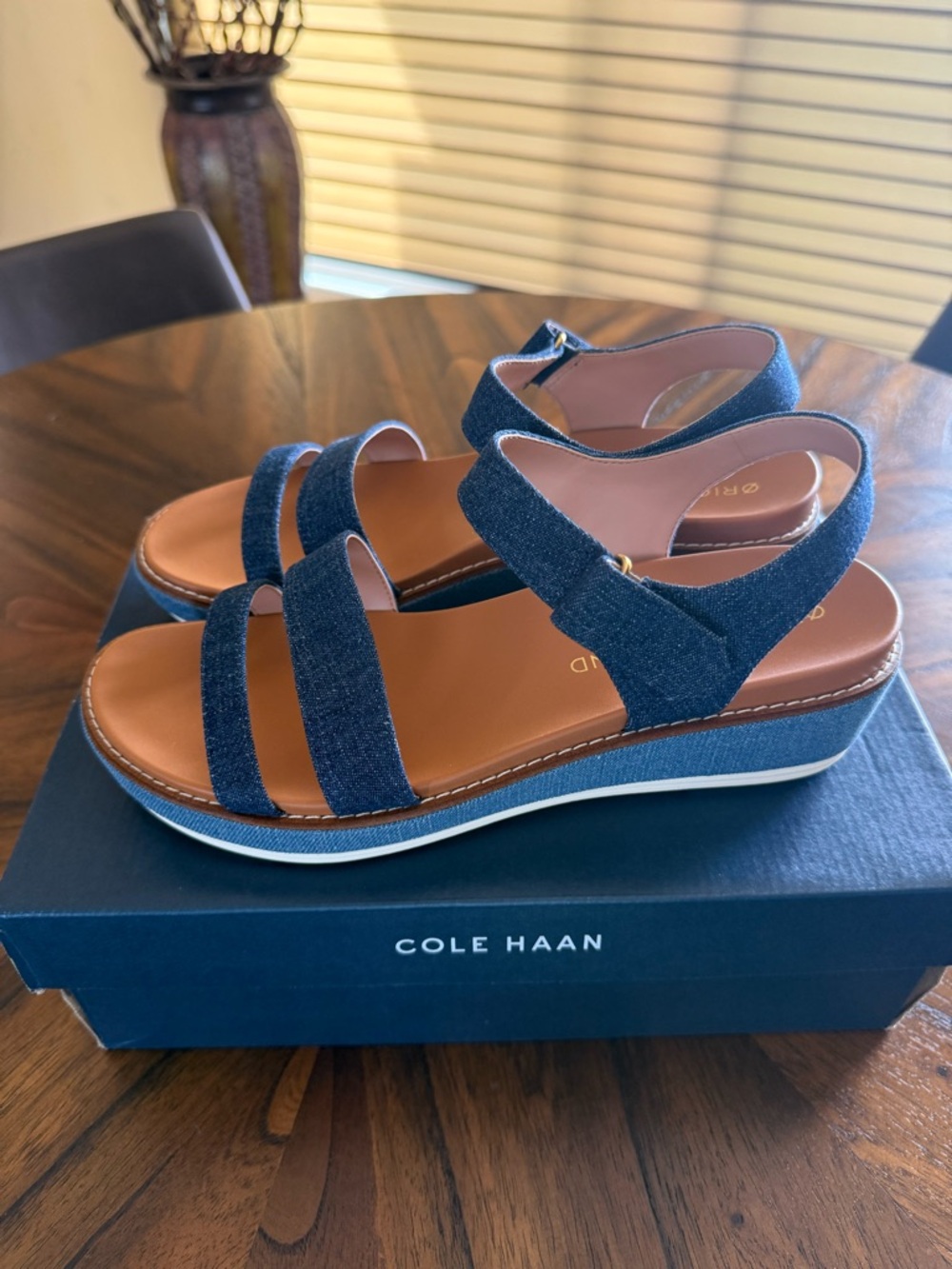 Cole Haan Denim Blue Leather-Trim Strappy Sandals - Picture 2 of 6